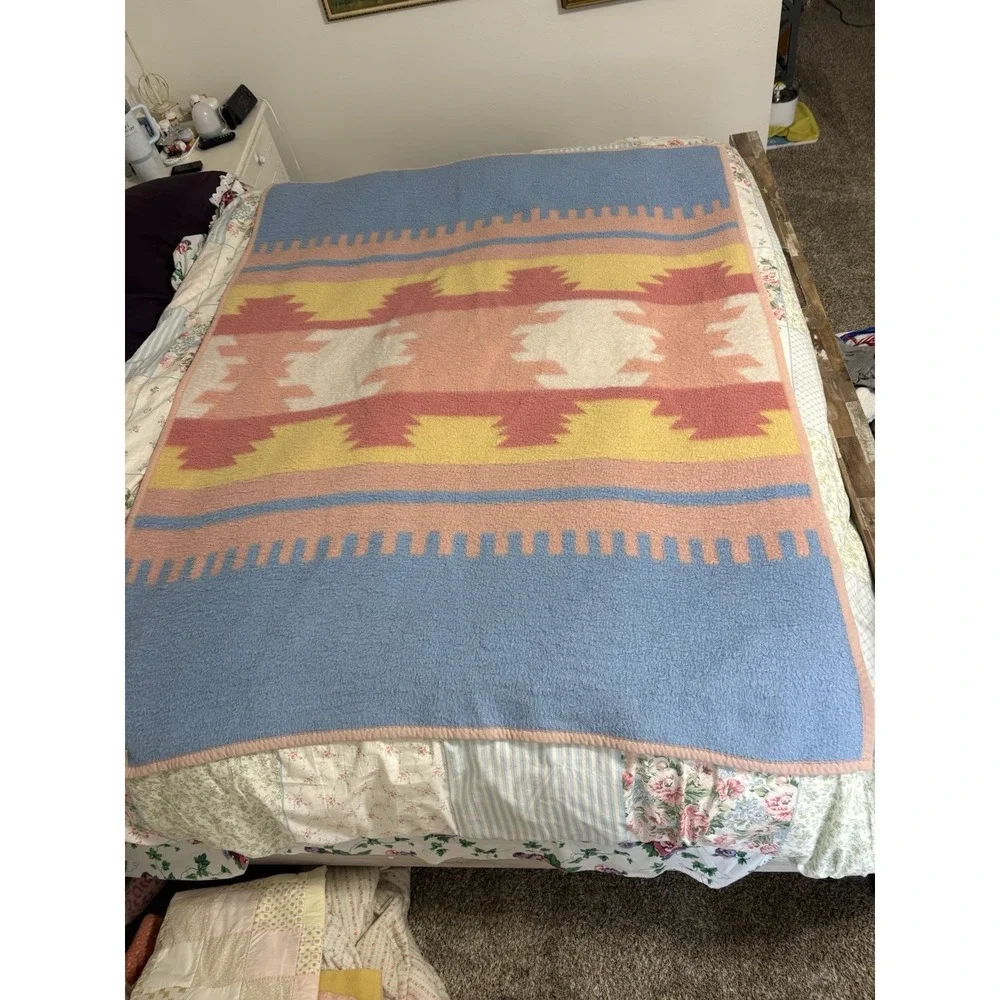 Vintage Biederlack Blanket Throw Southwestern Geometric Pastel Reversible USA